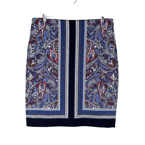 Talbots Womens 8 Paisley Color Block Blue Red Pencil Skirt Stretchy Career Artsy - Picture 7 of 13
